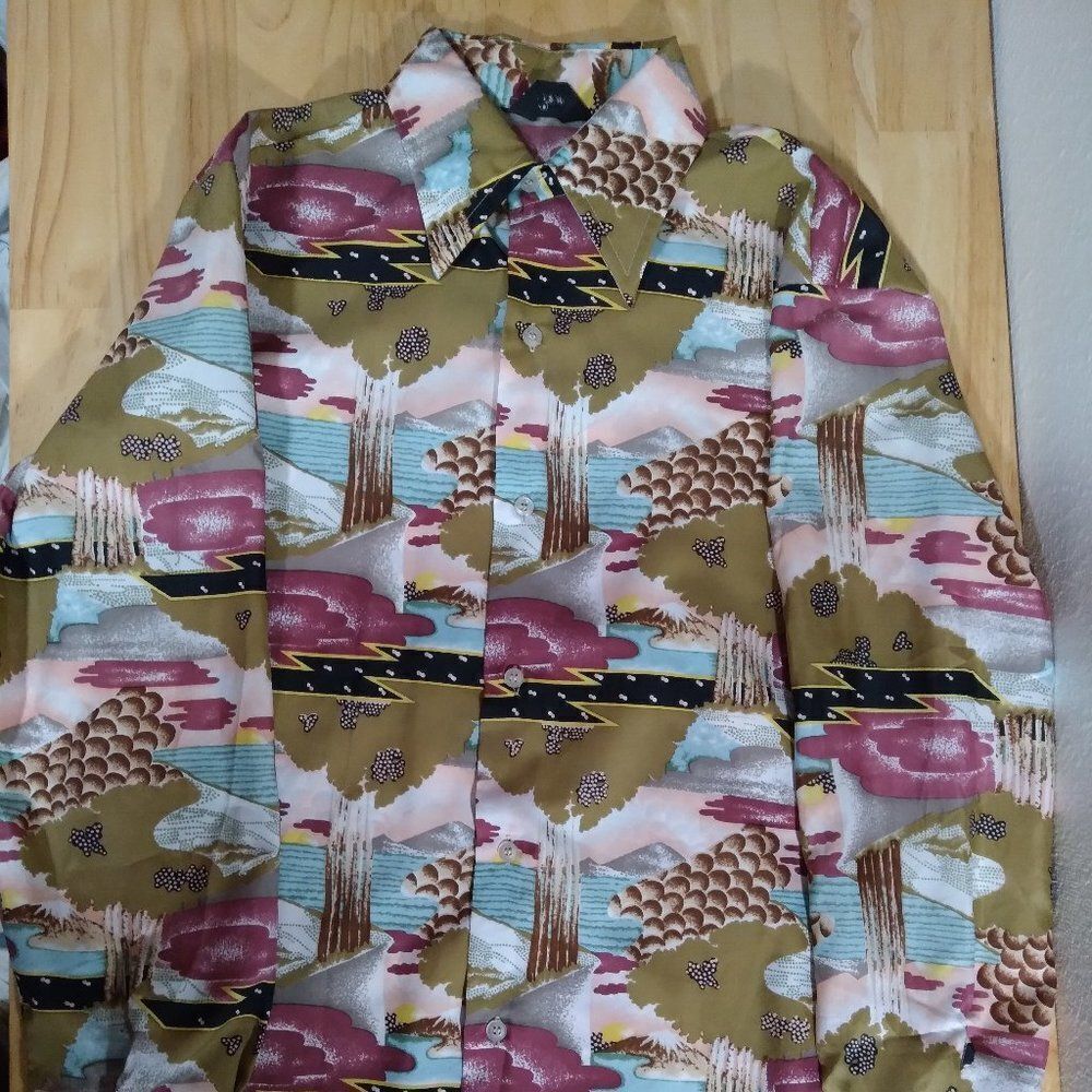 Vintage Bud Berma Psychedelic Landscape Pattern Polyester Disco Shirt